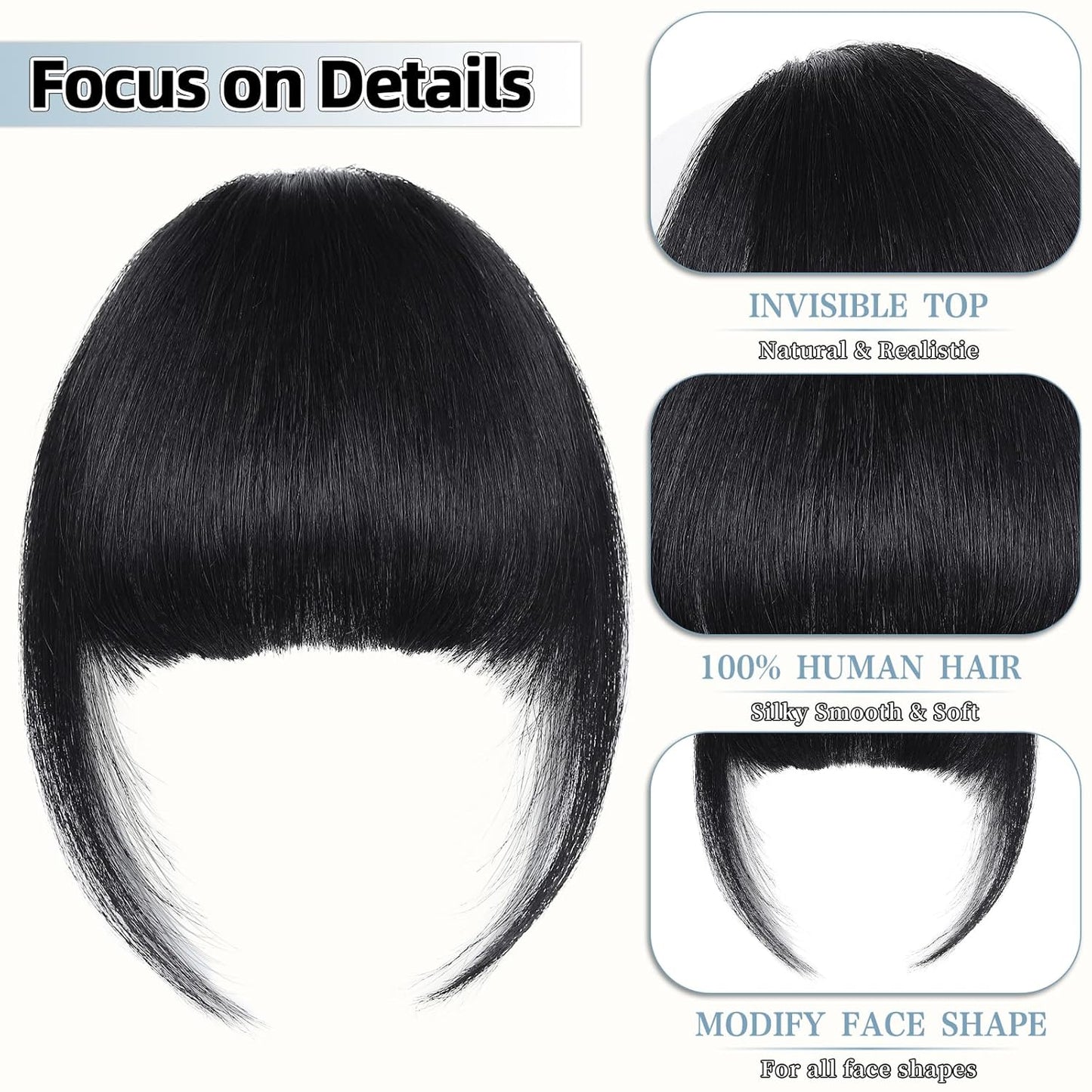 Clip In Bangs for Women, Natural Black French Bangs Hair Clip with Temples, 100% Real Human Hair Layered Curved Fringe for Halloween and Daily Use(Natural Black, French Bangs)