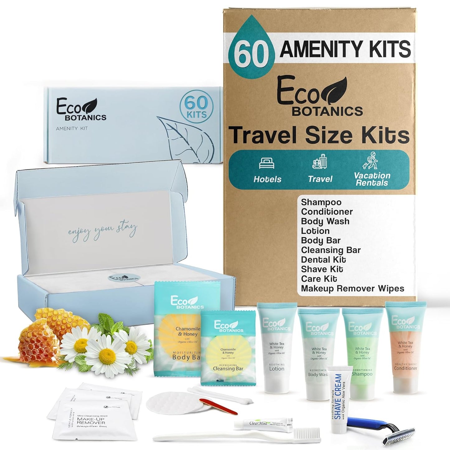 Eco Botanics Amenity & Accessory Kit | 0.85 oz Travel Size Shampoo, Conditioner, Lotion, Body Wash, Soap Bar, Shave & Dental Sets, Make-Up Remover Wipes, & Vanity Kit | 60 sets per case