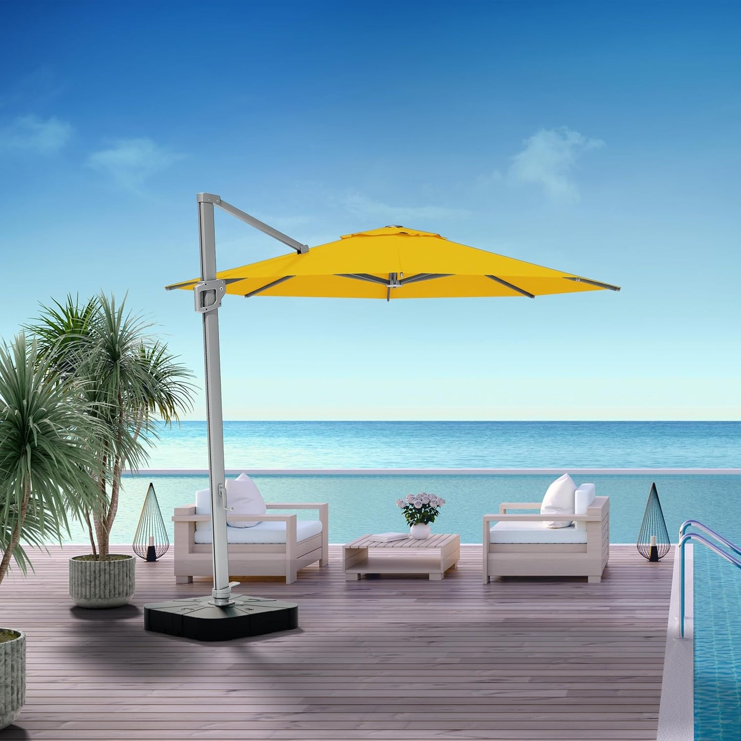 Midtown Umbrellas 10 Ft Outdoor Cantilever Patio Umbrella w/Terylast Sand Tan Fabric - Tilt 360° Offset Patio Umbrella, Deck Patio Umbrella, Backyard Umbrella & Garden Umbrella - Silver Frame