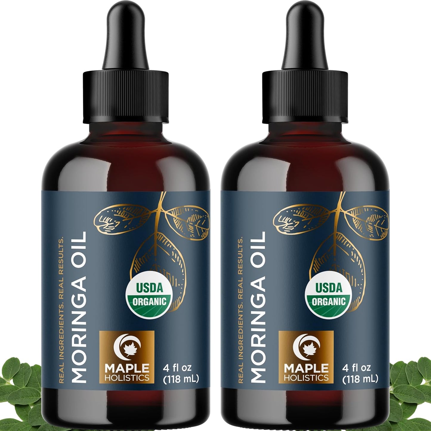 Organic Moringa Oil for Hair and Skin - Cold Pressed Virgin Unrefined Natural Pure USDA Organic Hair Oil for Dry Damaged Hair and Ultra Hydrating Face Oil - Carrier Oil for Essential Oils (2 Pack)