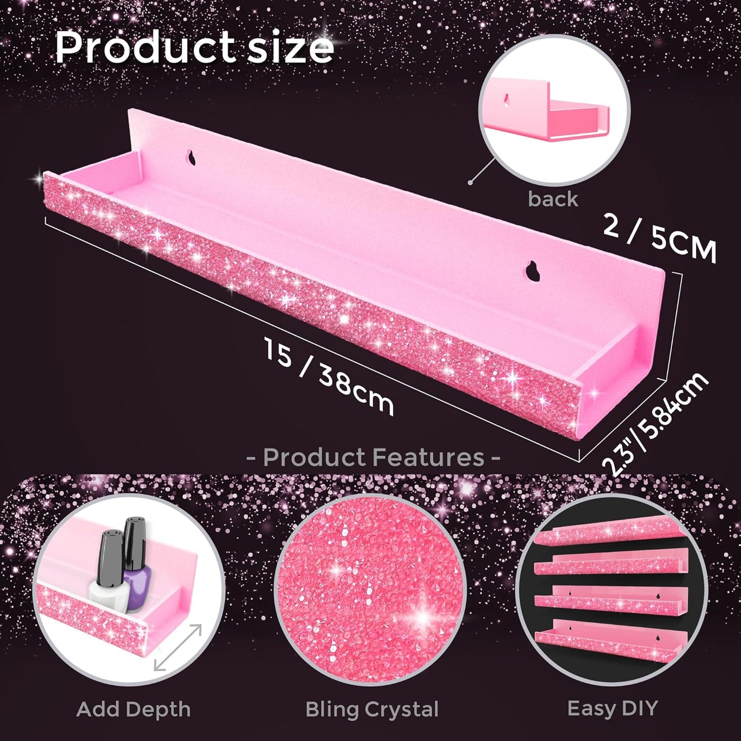 Care&More YJ 4 Pack 15 Inch Nail Polish Organizer，Diamond Crystal Rhinestone Acrylic Nail Polish Organizer，Sunglasses Essential Oil Picture Display Storage Pink