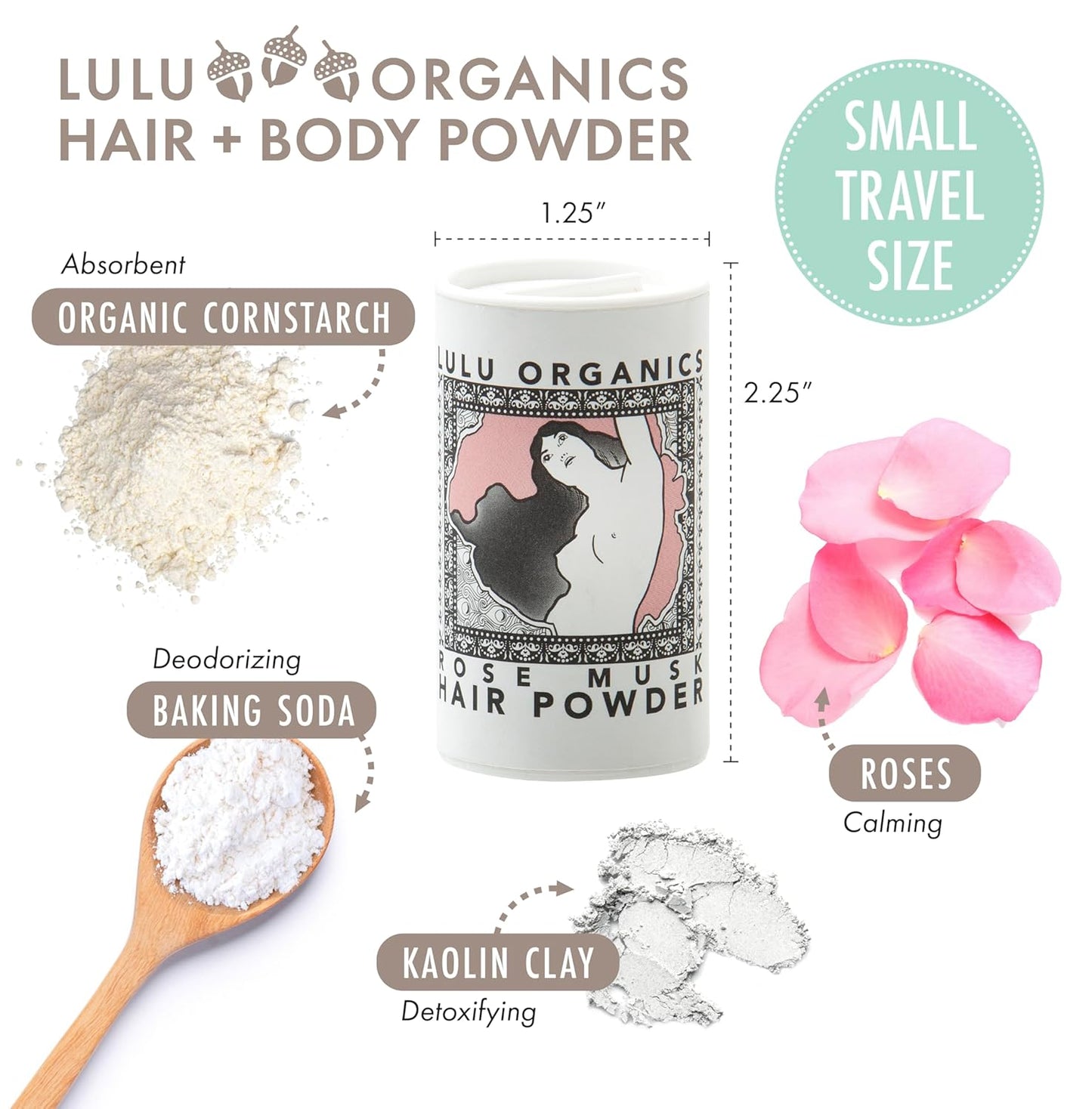 Dry Shampoo Powder for Dark, Blonde and Oily Hair, All Natural Body & Hair Powder for Women and Men, Paraben & Talc free No White Cast Synthetic Fragrance, Travel Size, Rose Musk -1oz