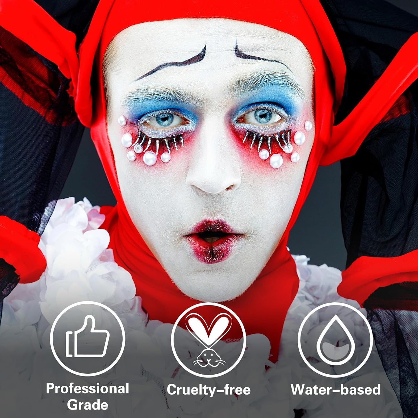 BOBISUKA White + Red + Blue Face Body Paint Kit, Water Based Face Painting for 4th of July Patriotic USA Flag Sports Fan Halloween Clown Zombie Joker Makeup for Women Adults, Non-Toxic Washable