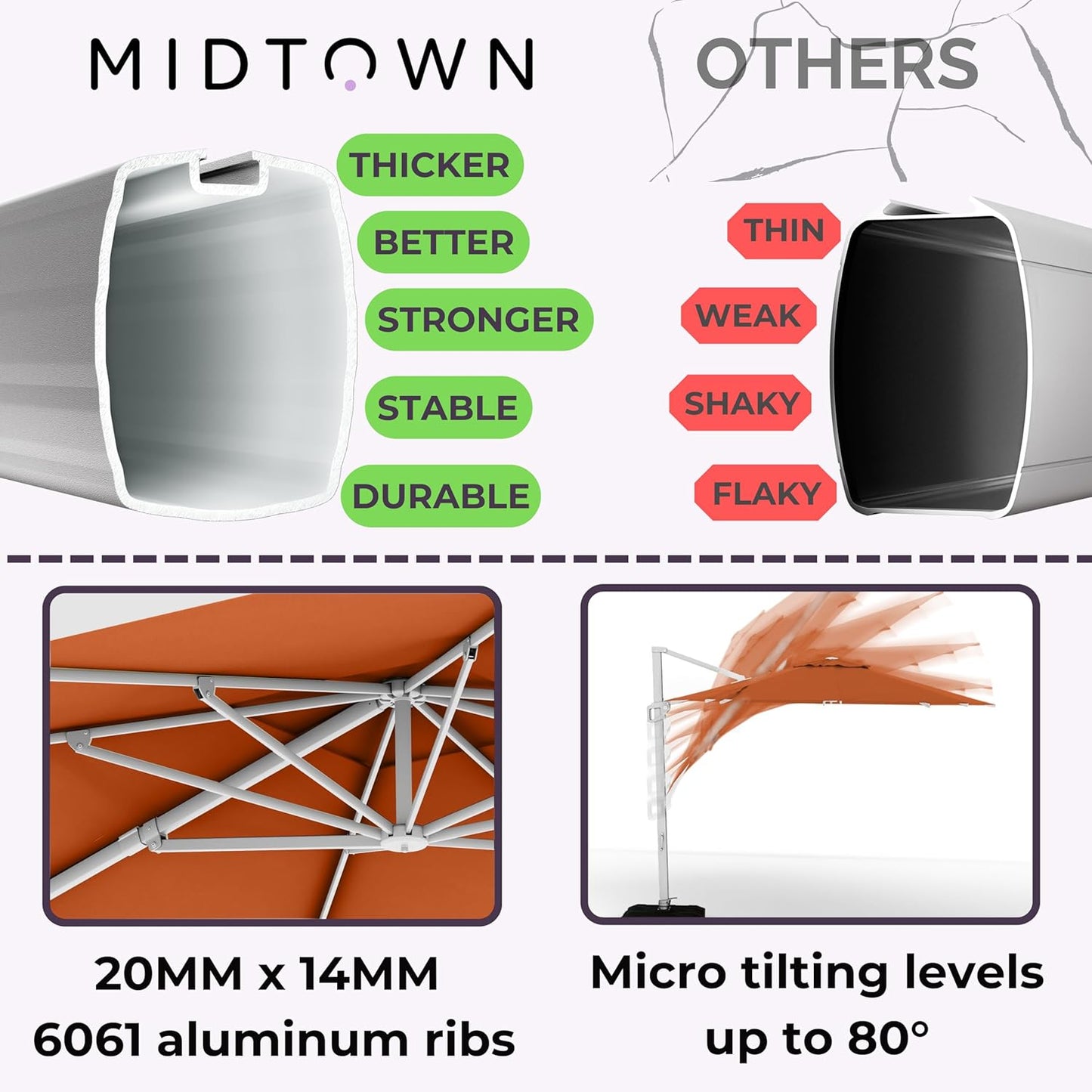 Midtown Umbrellas 10 Ft Outdoor Cantilever Patio Umbrella w/Terylast Dark Orange Fabric - Rotate 360° Offset Patio Umbrella, Deck Patio Umbrella, Backyard Umbrella & Garden Umbrella - Silver Frame