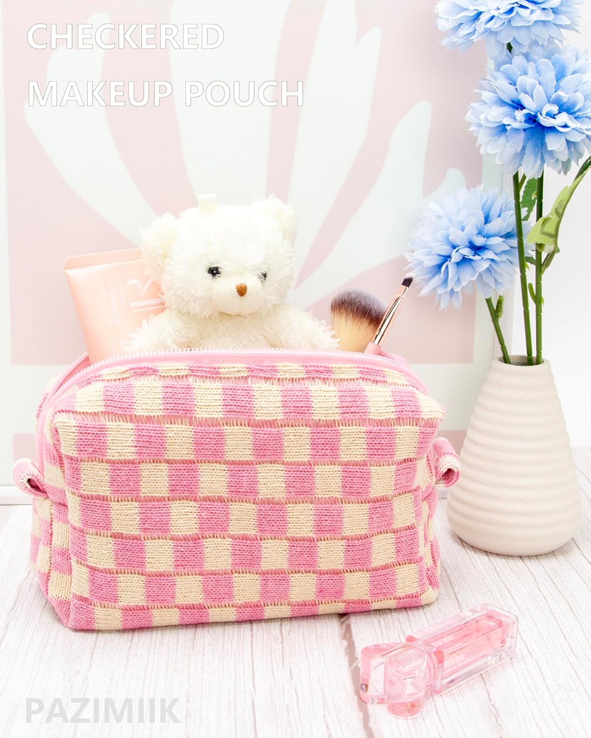 PAZIMIIK 2PCS Checkered Makeup Bag for Purse Portable Zipper Make Up Pouch Small Cosmetic Case for Travel Accessories Pink Beige
