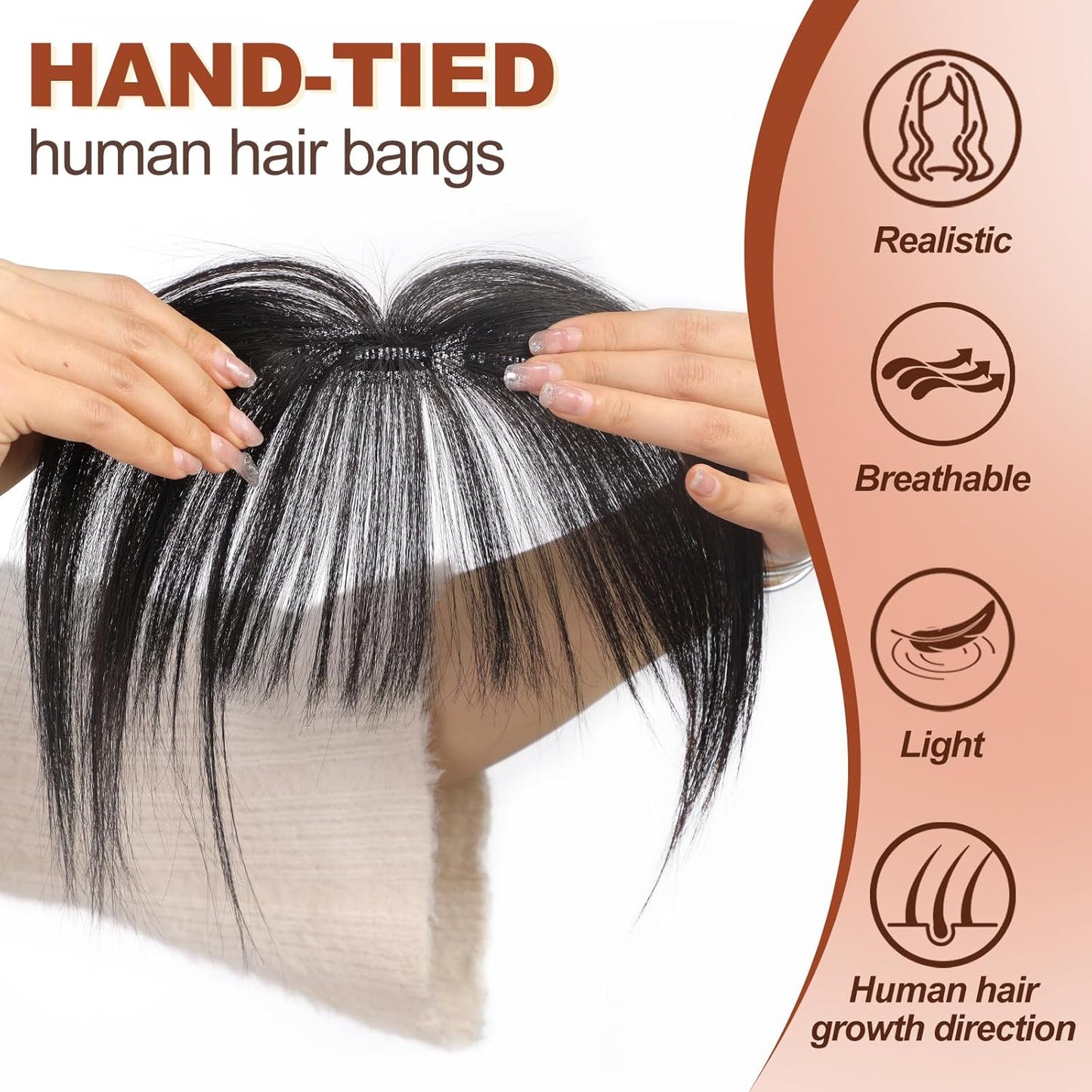 HAIRCUBE Real Human Hair Bangs Clip in Hair Extensions - Air Bangs Hairpieces for Women with Temples, 3 Secure Clips, Full Fringe, Dark Brown