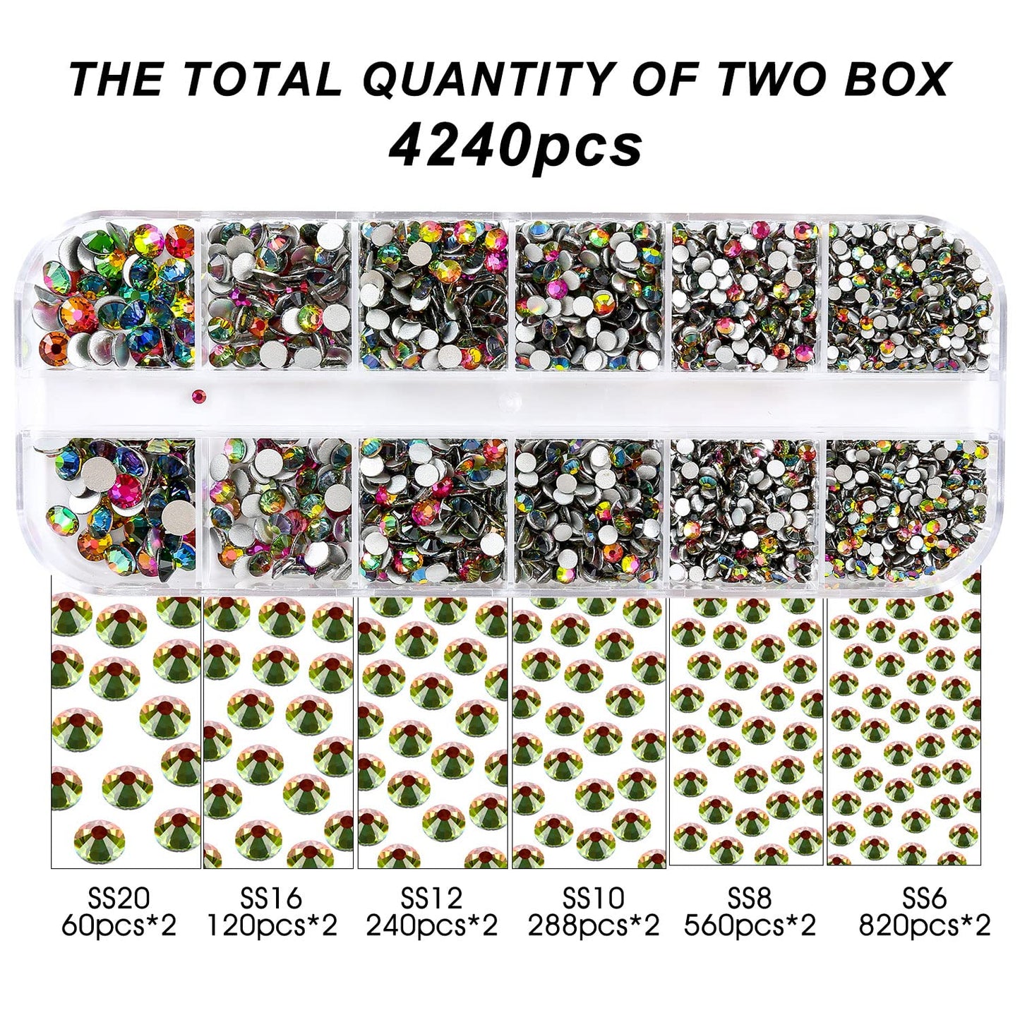 4240Pcs Flatback Rainbow Rhinestones Glass Crystal Gems for Nail Art Face Makeup Sparkly Round with Tweezers and Picking Pen (SS6~SS20 Set)