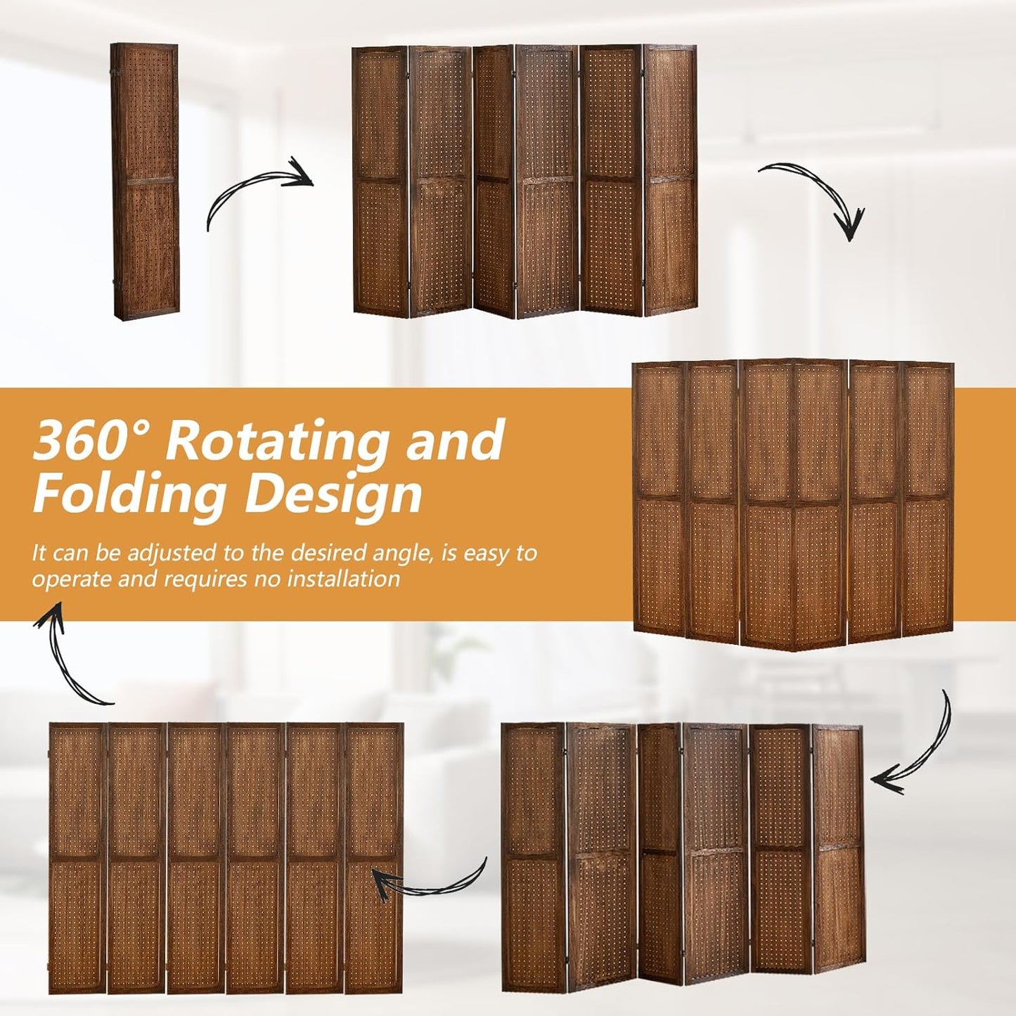 6 Panel Room Dividers and Folding Privacy Screens, Room Partitions and Dividers, Pegboard Display Board with 24 Hooks, Room Divider Panel for Bedroom, Jewelry Display Stand, Dark Brown