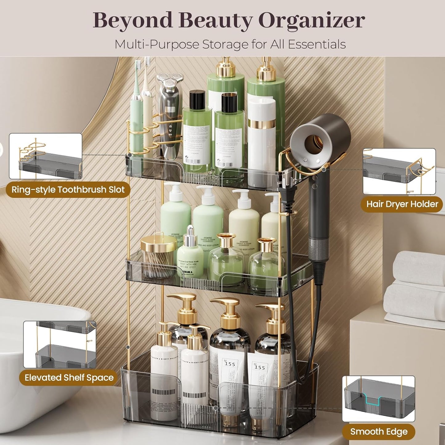 Aveniee Bathroom Counter Organizer,3 Tier Skincare Perfume Countertop Storage with Hair Dryer Rack and Toothbrush Holder, Cosmetic Makeup Tray for Vanity,Grey