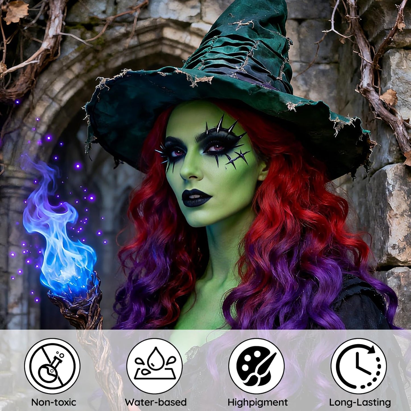 Halloween for Witch Makeup Kit, Professional Halloween SFX Makeup Set for Witch Costumes, Non-Toxic Water-Based Face Paint Set with Green Face Paint, Eyeliner for Cosplay,Stage, Party