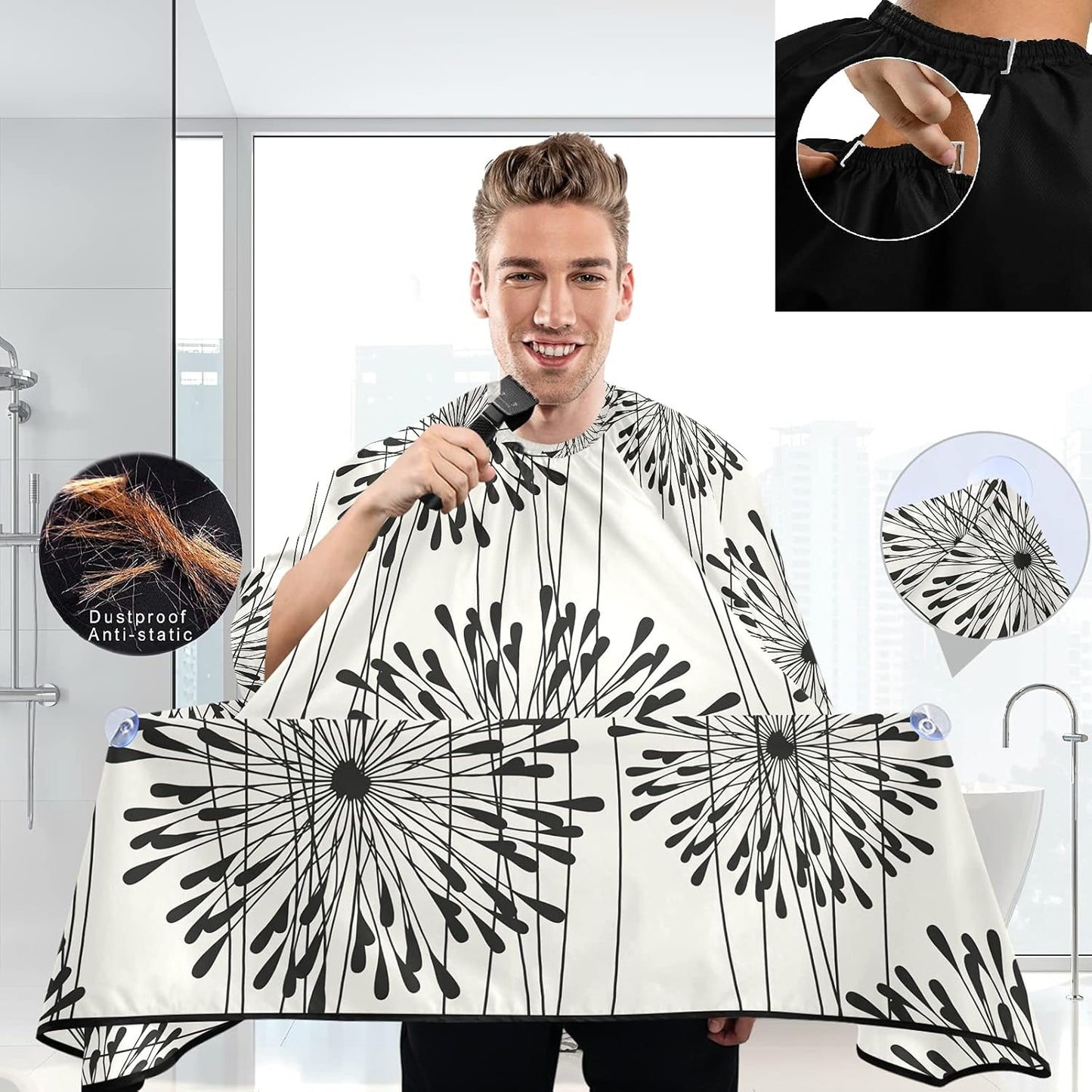 visesunny Barber Cape Black Round Pattern Polyester Hair Cutting Salon Cape Apron Anti-Static Haircut Water-Resistant Shaving Cloth Beard Shaving Bib Hairdressing Cape