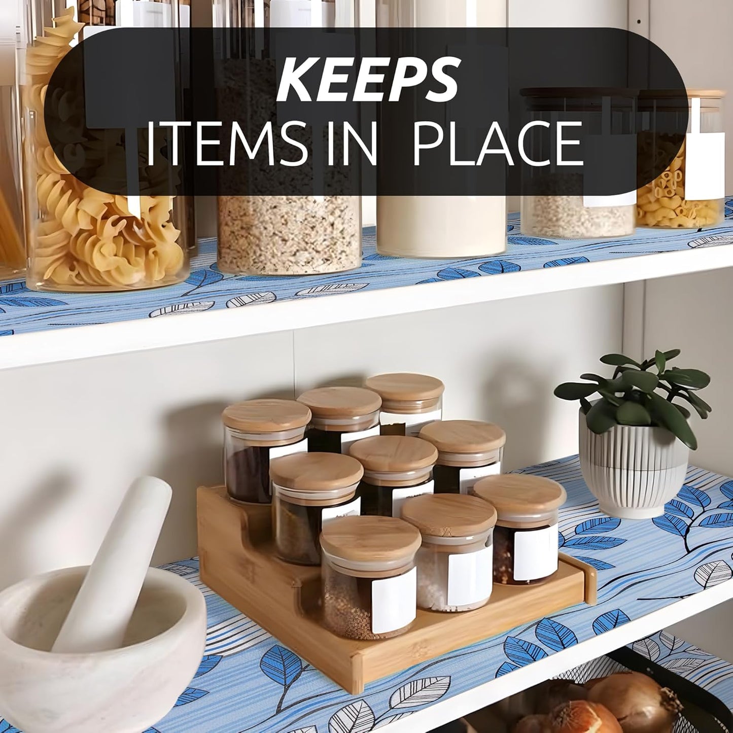 RAY STAR 12X120 Inch Shelf Liner for Kitchen Cabinets, Non-Adhesive Cabinet Liner Washable, PVC Drawer Liner for Dresser Non-Slip Bathroom (Blue Leaf)(2 Roll)