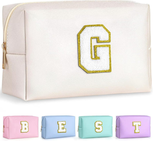TOPEAST Travel Makeup Bag, Personalized Initial Toiletry Bag w Zipper, Cute Makeup Pouch, PU Leather Waterproof Cosmetic Bag, Birthday Gift for Daughter, Preppy Things for Girls (White G)