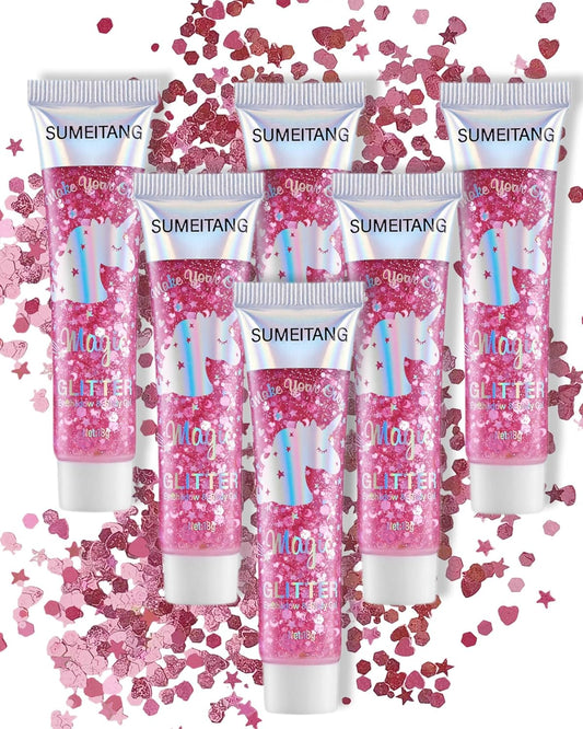 6PCS Pink Face Body Glitter Gel，Mermaid Holographic Sequins Chunky Glitter Paint for Party Singer Concerts Music Festival Rave Accessories for Girls Women Face Body Hair Sparkling Makeup