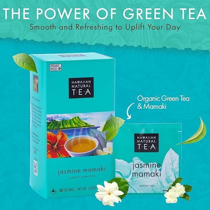 Hawaiian Natural Tea Organic Mamaki Jasmine Green Tea Blend - Antioxidant-Rich, Calming, Wellness Tea for Bedtime & Stress - Gift for Tea Lovers - 60 Tea Bags