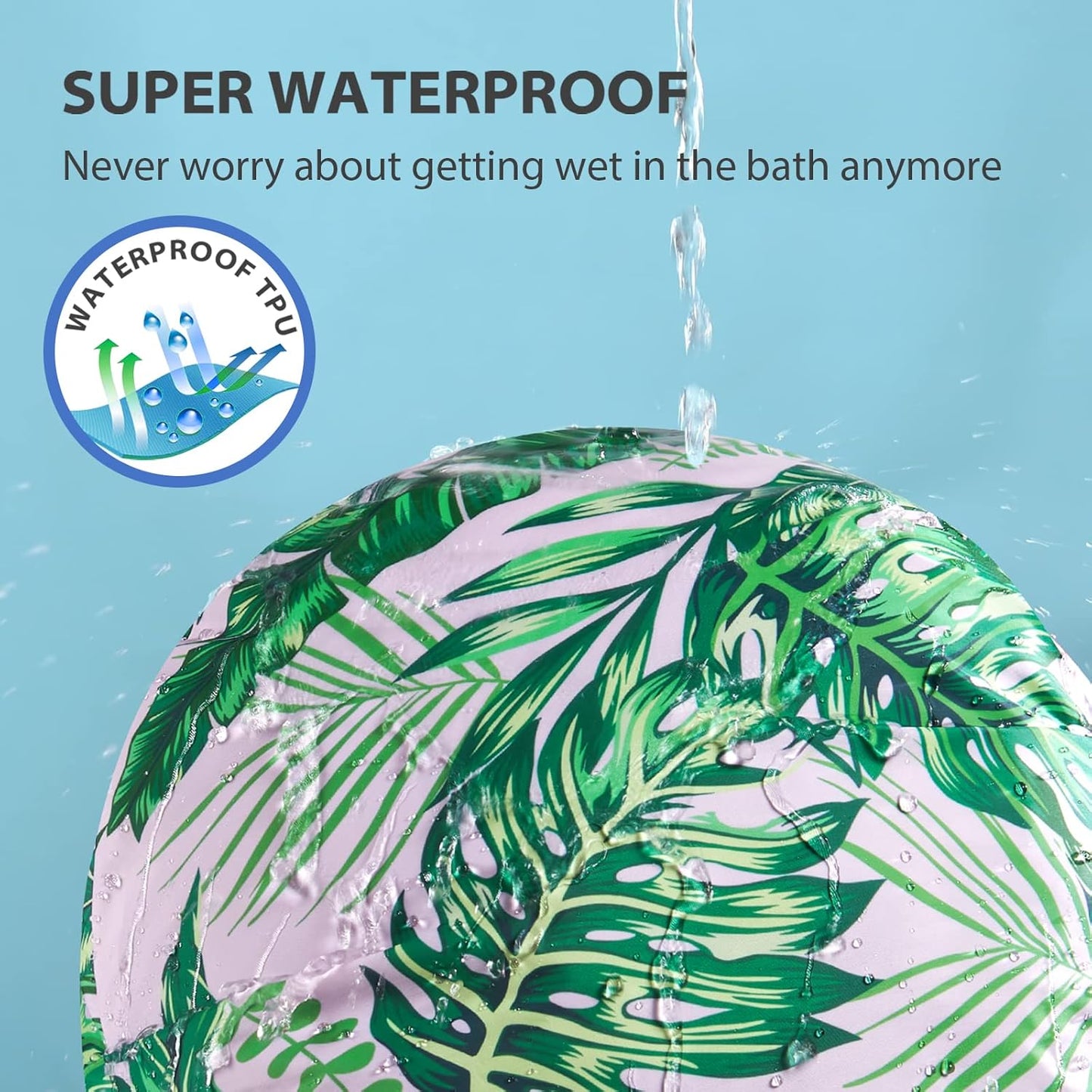 INNELO Luxury Shower Cap for Women Reusable Waterproof, Double Layered Shower Hair Cap with Adjustable Elastic Strap, Large Satin Lined Shower Bath Cap for Long Curly Straight Hair, Palm leaves