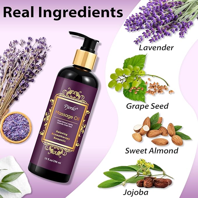 Aromatherapy Lavender Massage Oil, Massage Oil for Massage Therapy, Calming, Soothing, Relaxing, Spa Gifts for Him Her, 10 Fl Oz