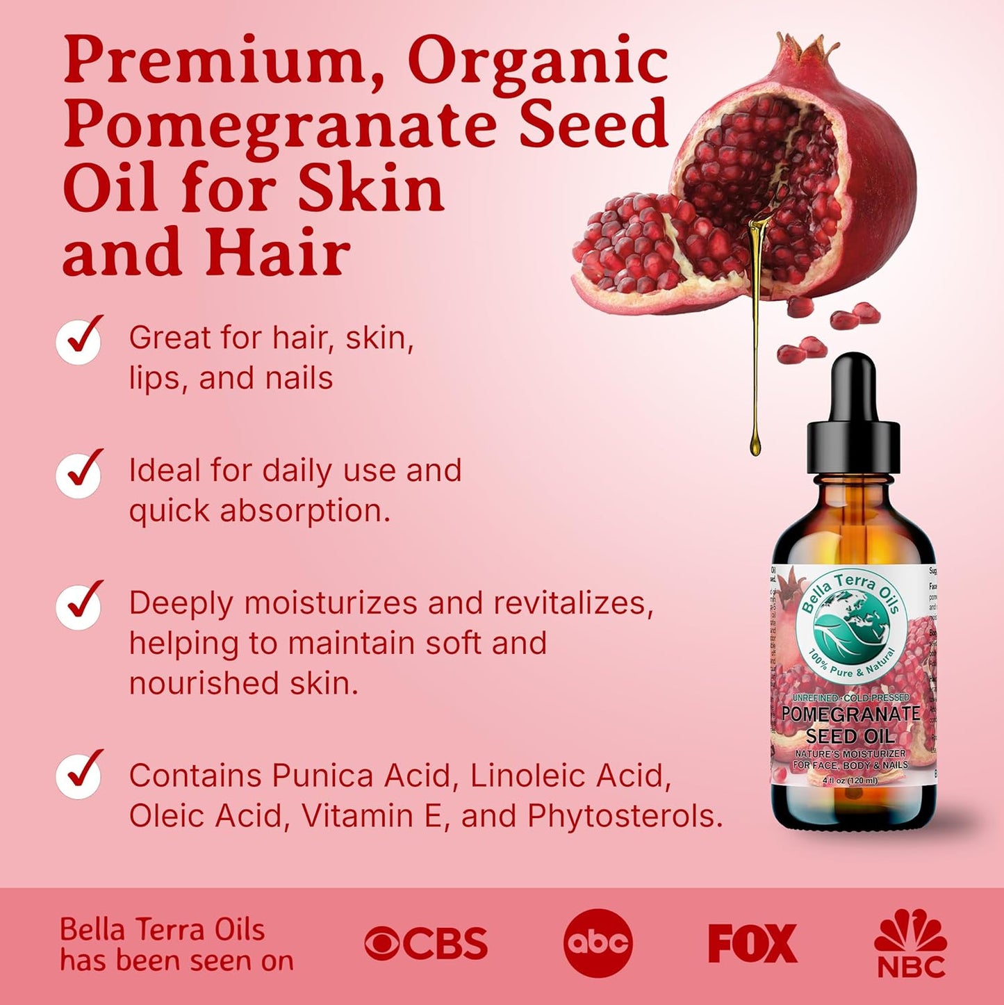 Bella Terra Oils Pomegranate Seed Oil – 1 Gallon – 100% Pure & Natural, Cold-Pressed, Unrefined – Hydrating & Nourishing for Skin & Hair – Antioxidant-Rich Beauty Oil