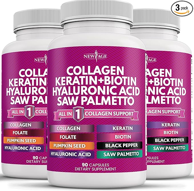 NEW AGE Collagen Pills Biotin Keratin Saw Palmetto Hyaluronic Acid- Vitamin E Folic Acid Pumpkin Seed MSM- 270 Count