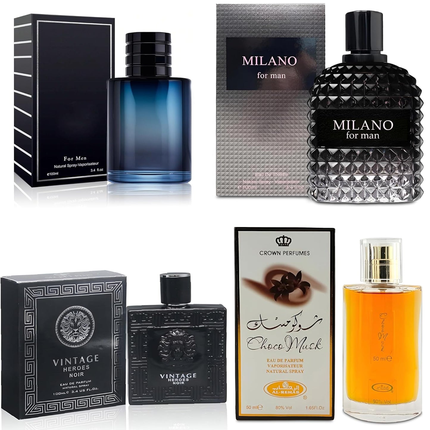 4-Piece Cologne for Men Includes Choco Musk/SE/Vintage Heroes Noir/Milano Scent of Woody, Spicy, Citrus & Aromatic eau de parfum Men Gift Set Each 100Ml for Daily Use