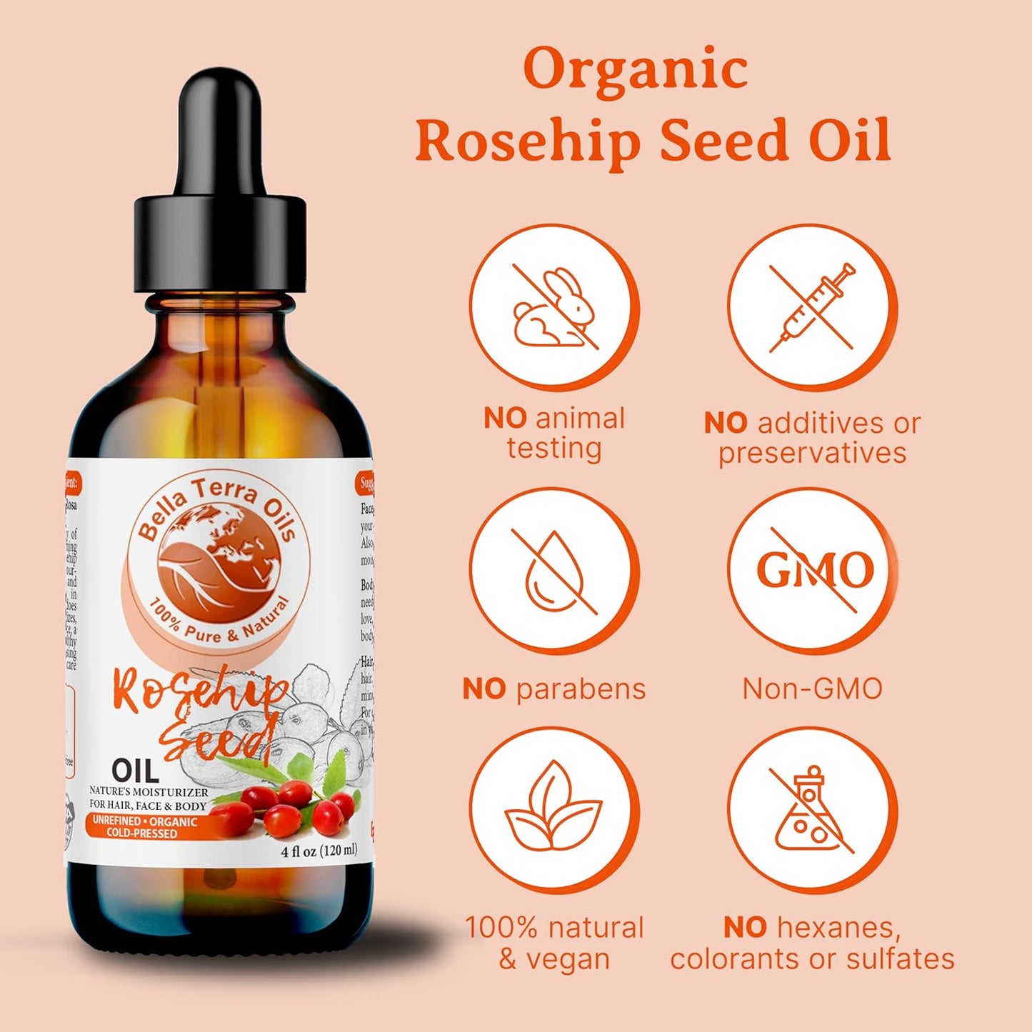Bella Terra Oils Organic Rosehip Oil for Face, Pure Cold-Pressed Rose Hip Seed Oil for Skin & Hair, Natural Moisturizer & Anti-Aging Facial Oil 8oz