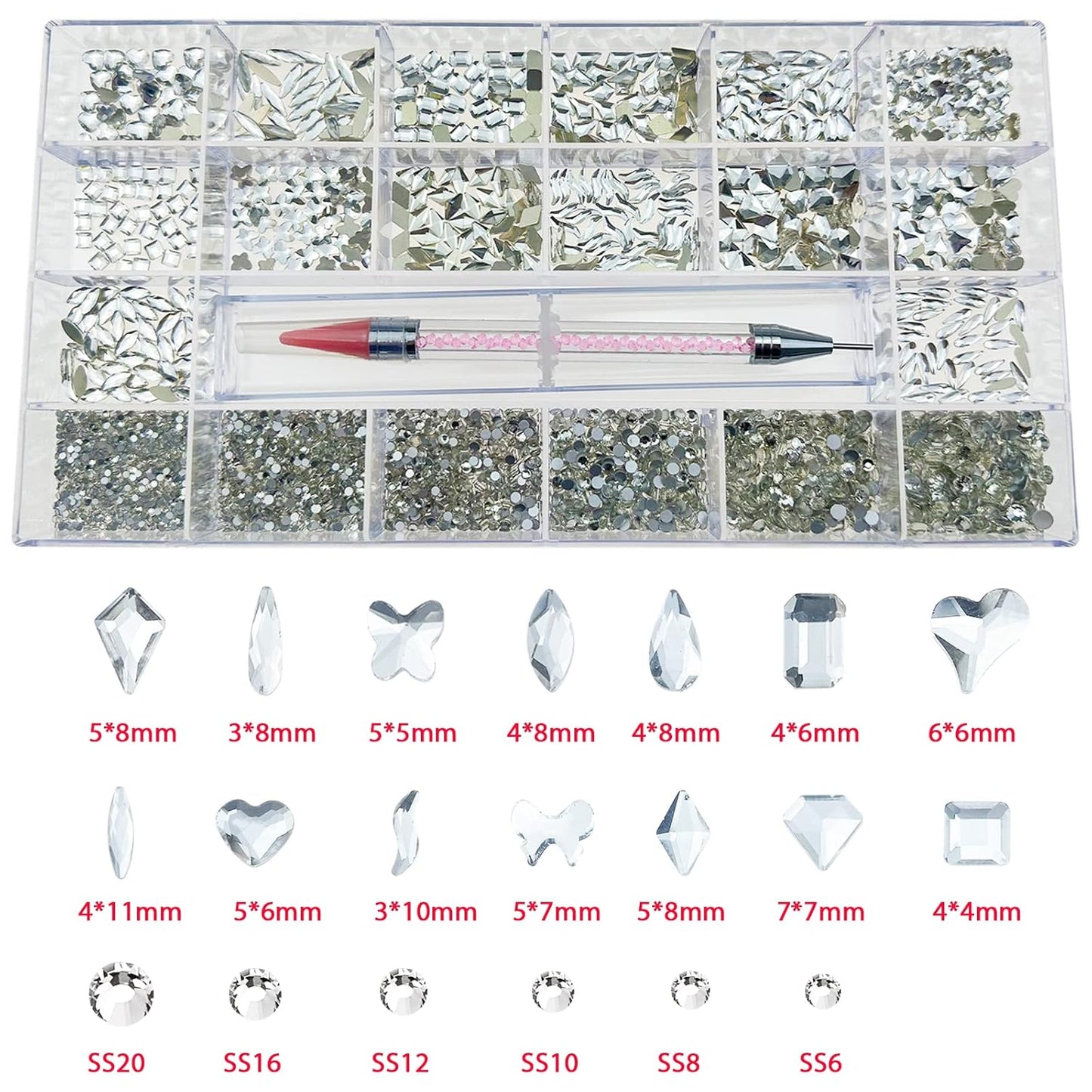 HUETFAT 14 Shaped Clear Nail Rhinestones for Art +6 Size Round Flatback Nails-Silver Charms with Wax Pen
