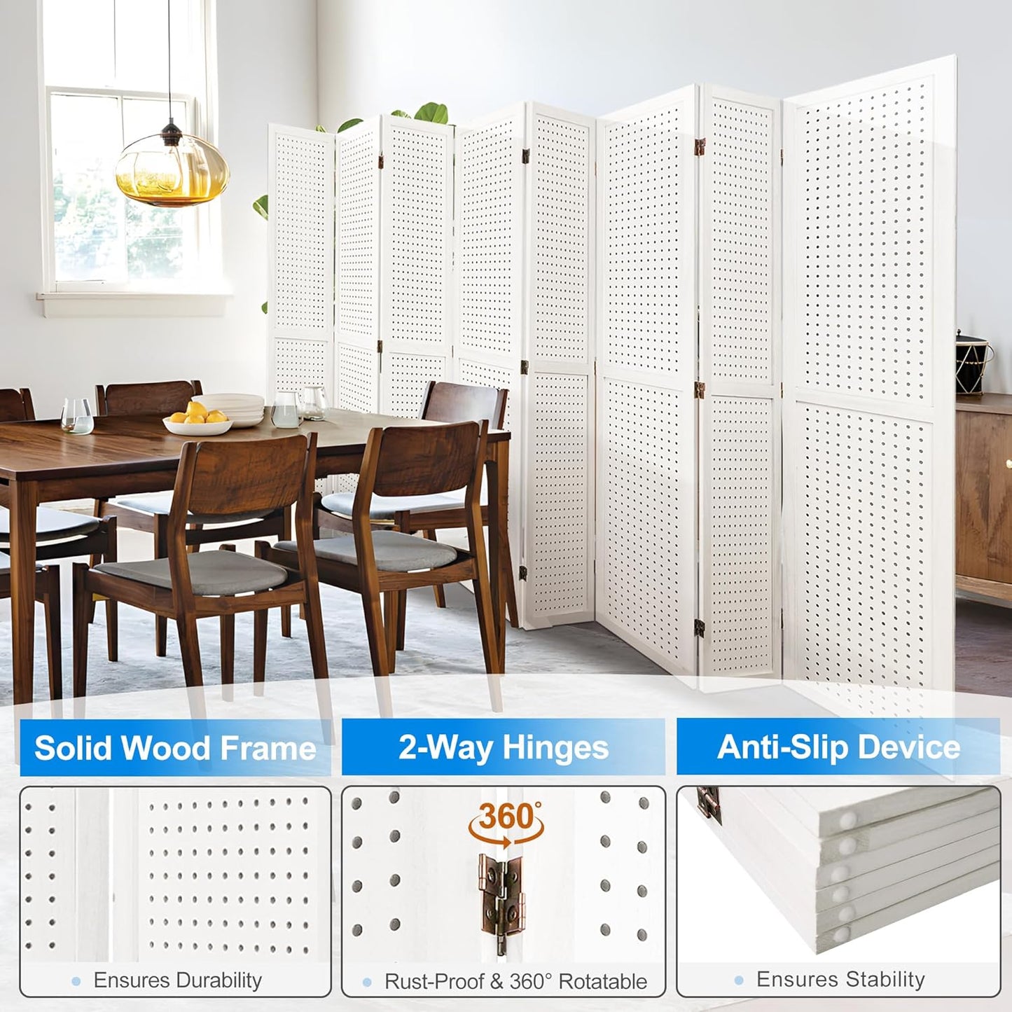 8 Panel Room Divider with Pegboard Display 5.6FT Wood PegBoard Room Dividers, Folding Privacy Screens Portable Freestanding Partition Wall Divider for Art Shows & Room Separation, White