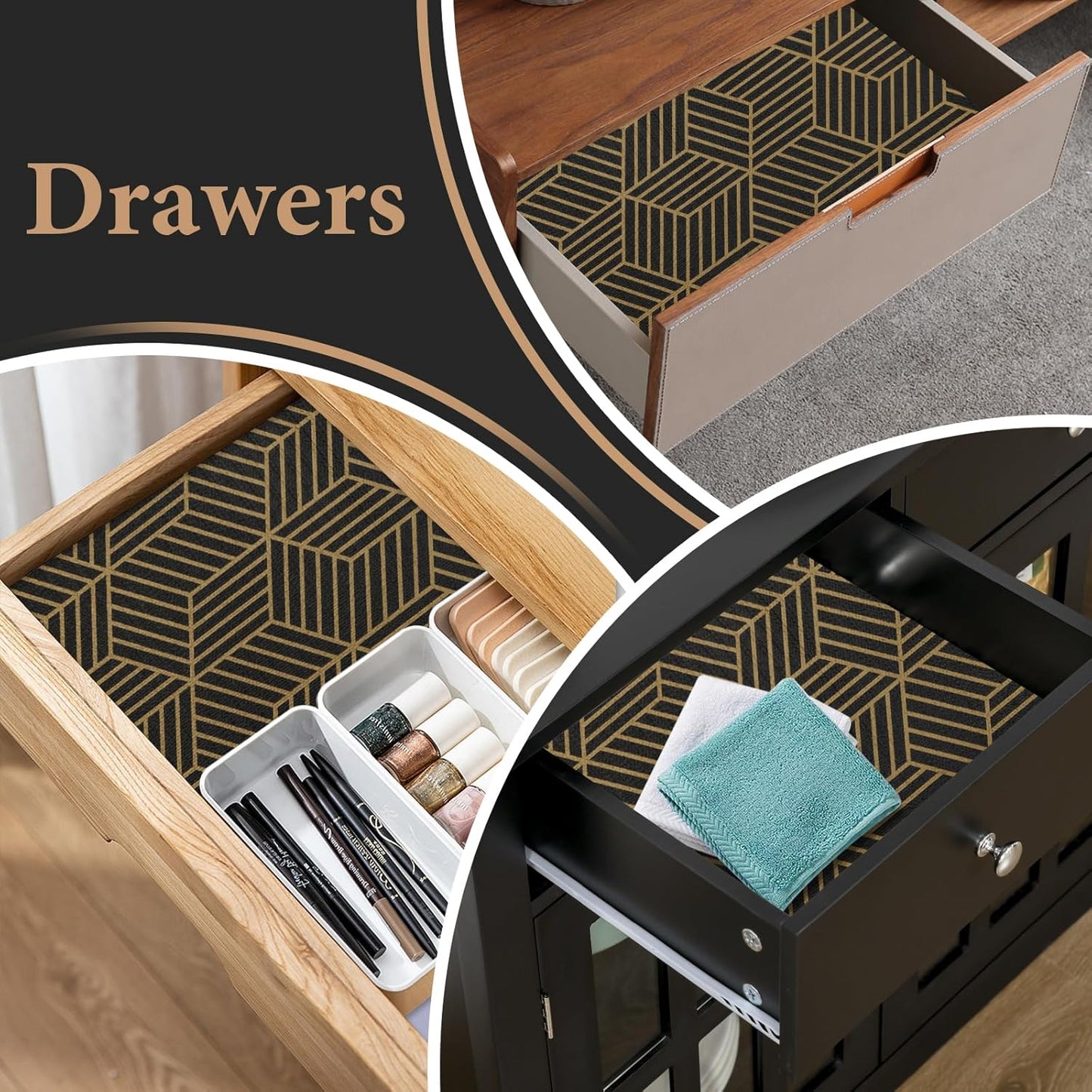 Shelf Liners for Kitchen Cabinets 23in x 20FT, Non Adhesive Cabinet Liner Strong Non-Slip Black Gold Geometric Drawer Liner, Easy to Clean for Shelf, Cabinet with Knife and Tape Measure