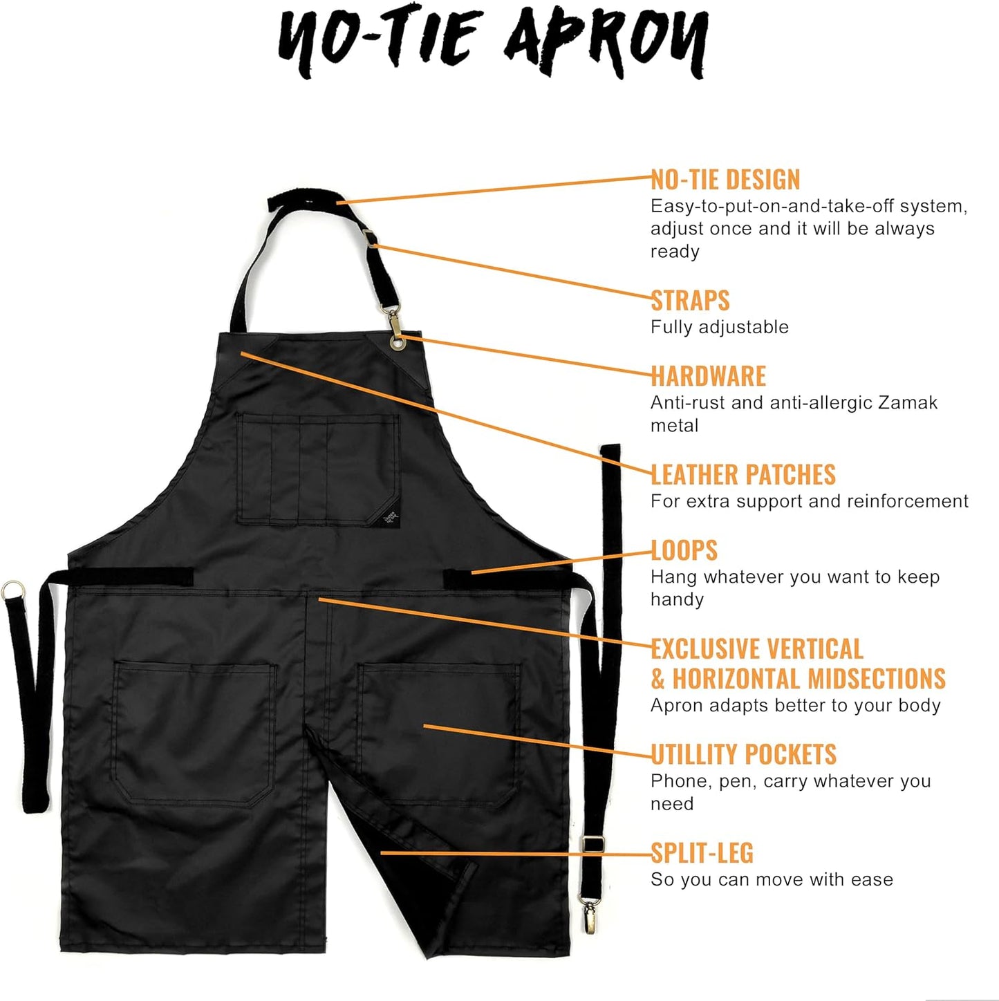 Under NY Sky No-Tie Panther Black Apron – Coated Twill with Leather Reinforcement, Split-Leg, Adjustable for Men and Women – Pro Barber, Tattoo, Barista, Bartender, Hair Stylist, Server Aprons