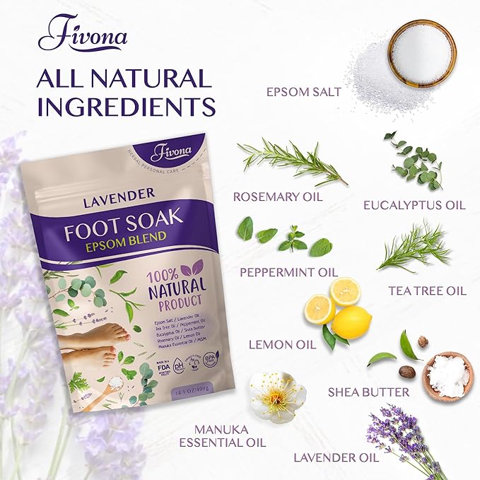 Fivona Foot Soak Blend Epsom Salt with Lavender 14.1 oz - Calming Foot Bath Salt, Relax & Renew Tired Feet, Soothe Soreness, Soften Calluses - Rejuvenating Pedicure Spa at Home