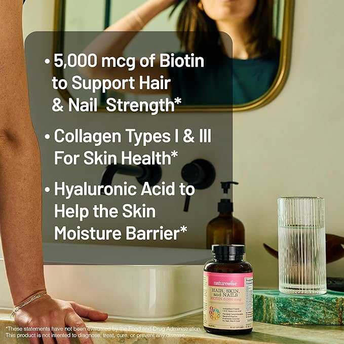 NatureWise Hair Skin and Nails Vitamin, Biotin 5000mcg w/Hyaluronic Acid, Collagen for Women with C, B Complex, D3, A, E, Iron - Non-GMO, Gluten Free - 540 Softgels[6-Month Supply]
