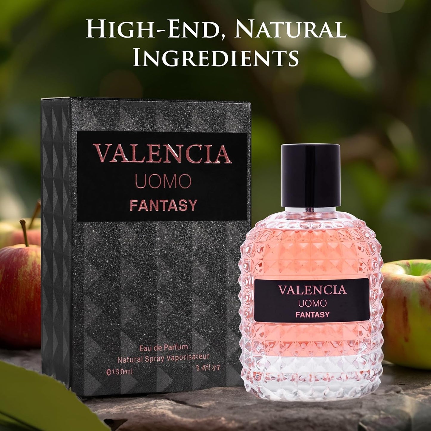 Valencia UOMO Fantasy Men EDP - Spicy & Woody Fragrance - Top Notes of Sweet Red Apple, Cardamom & Calabrian Bergamot - Base Scent of Warm Tobacco Leaf, Patchouli & Vetiver - Elegant 100ml Bottle