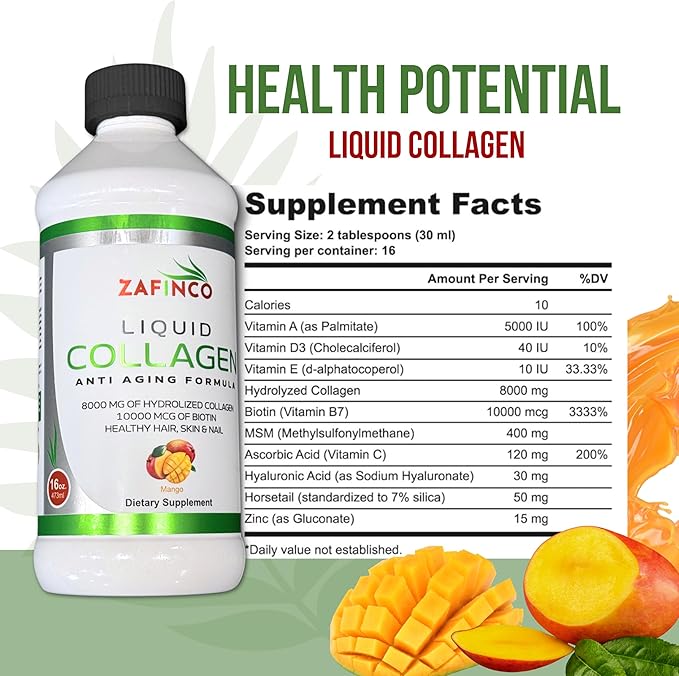 Liquid Collagen Peptides for Women & Men-Mango Flavored 10000 mcg Biotin+8000 mg Hydrolyzed,Sugar Free Premium Juice for Anti-Aging,Skin,Hair,Nails & Joints -16 Fl oz-Made in USA