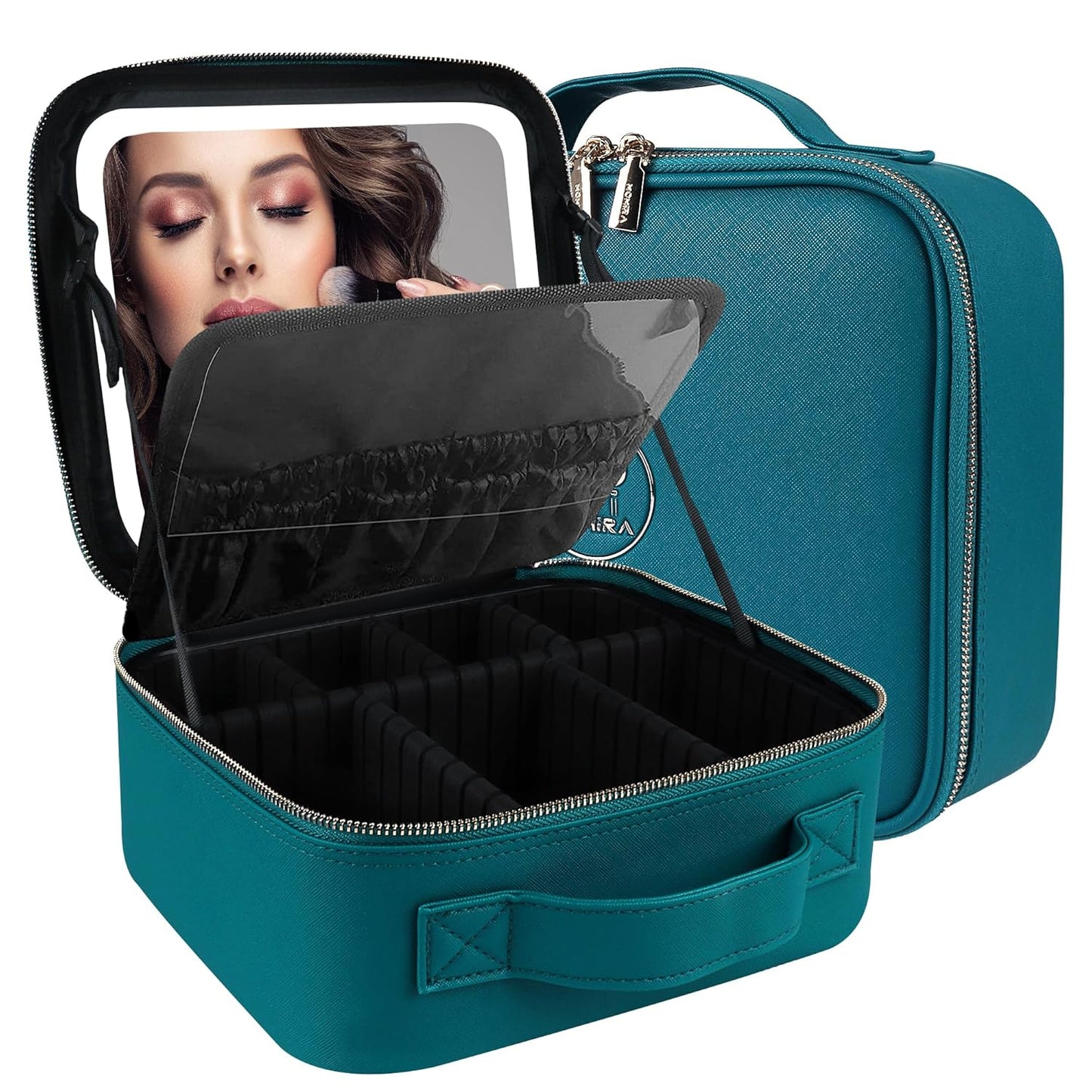 MOMIRA Travel Makeup Bag Cosmetic Bag Makeup Organizer Bag with Lighted Mirror, Adjustable Brightness in 3 Color Scenarios, Waterproof Makeup Train Case, Gift for Women - Greenish Blue