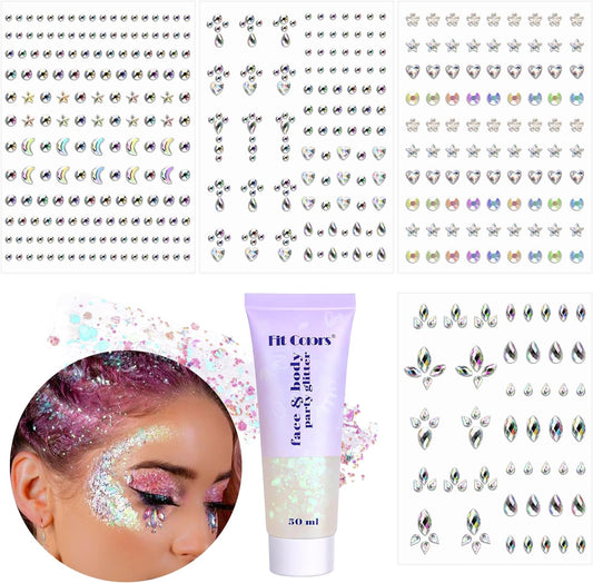 Body Glitter and Face Gems, Face Glitter and Hair Gems, Rhinestone Stickers for Makeup, Mardi Gras, Festival, Rave Accessories, Kids, Women, White