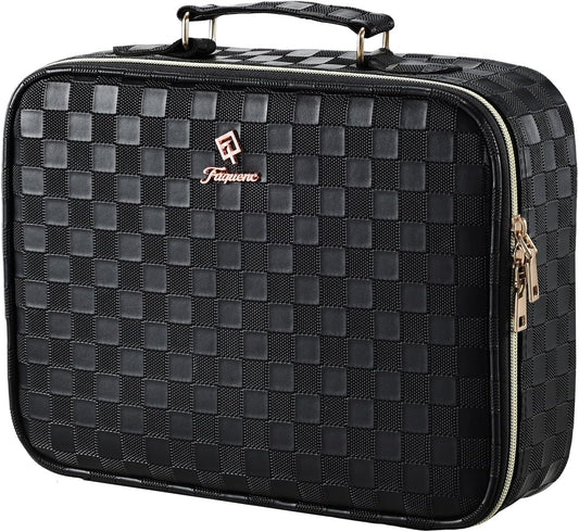 Makeup Bag with LED Lighted Mirror 12.2 IN Travel Makeup Bag Adjustable Brightness in 3 Colors Cosmetic Organizer Artist Storage Bag with Dividers Brush Holder Bag Vanity Black Checkerboard