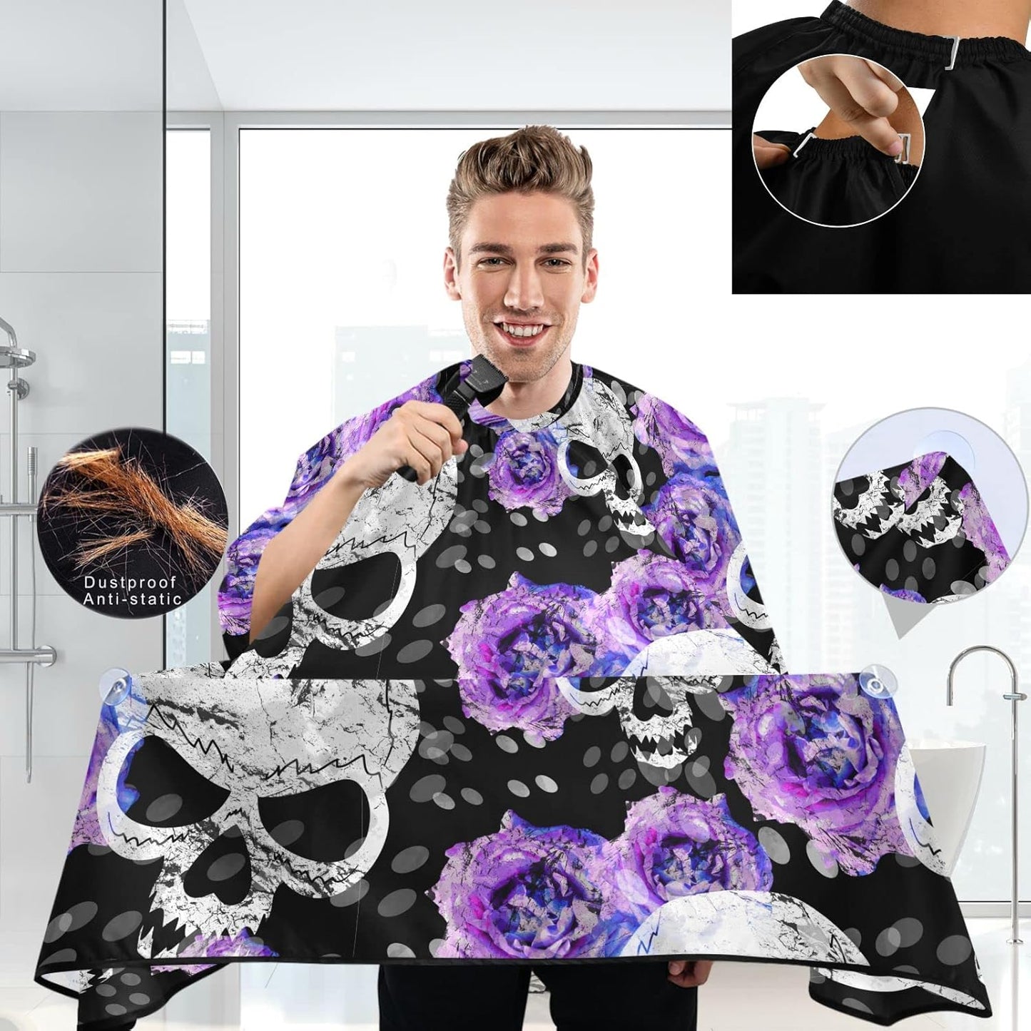 visesunny Barber Cape Blue Flower Skull Polyester Hair Cutting Salon Cape Apron Anti-Static Haircut Water-Resistant Shaving Cloth Beard Shaving Bib Hairdressing Cape