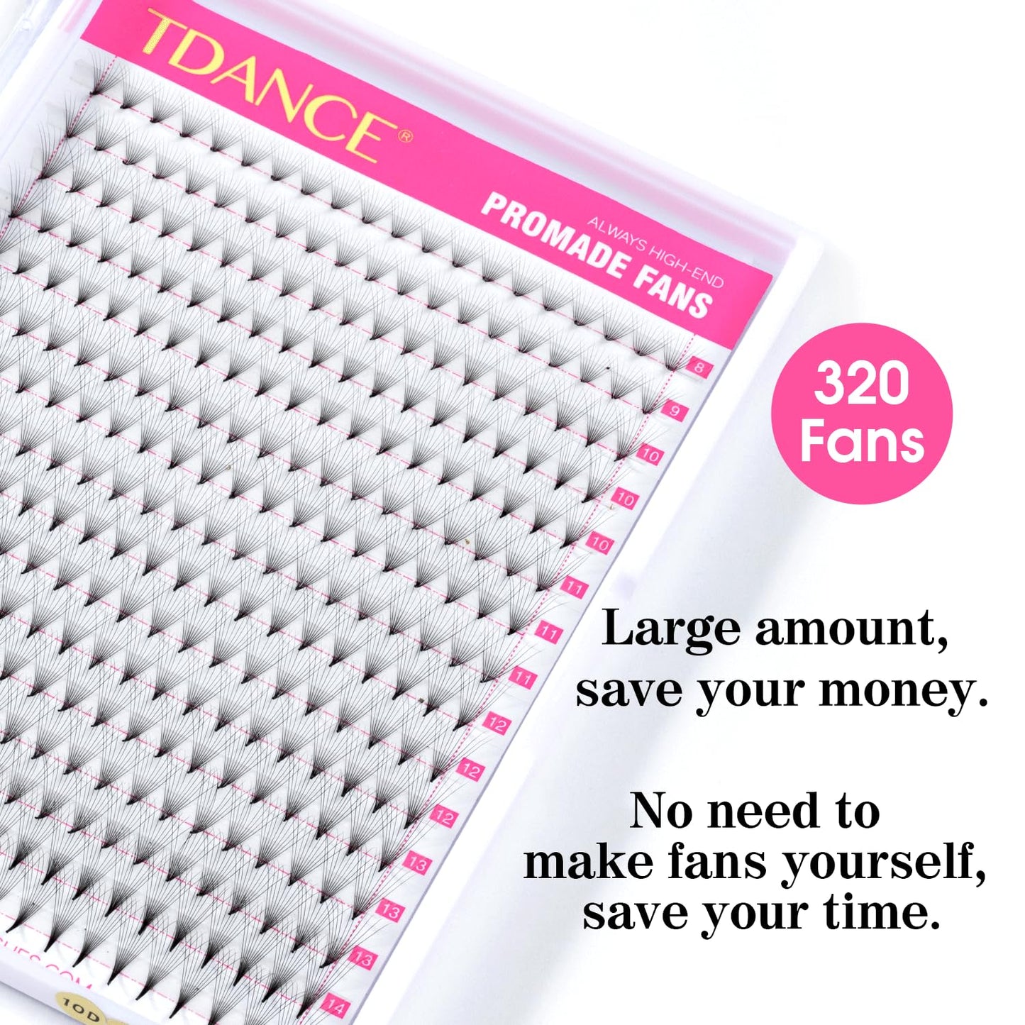 TDANCE Premade Fans Eyelash Extensions 320 Fans Pre Made Fans Lash Extensions Middle Stem Heat Bonded Premade Lash Fans Volume Lash Extensions(320-10D-0.03-C-15mm)