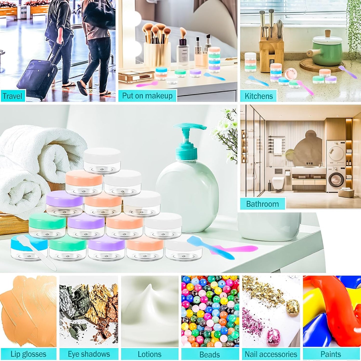 MotBach 50PCS 10g Empty Sample Containers with Colored Lids,Refillable Makeup Sample Containers, Small Sample Pot Jars Travel Makeup Containers with Mini Spatulas for Liquid Powder Creams Lotions