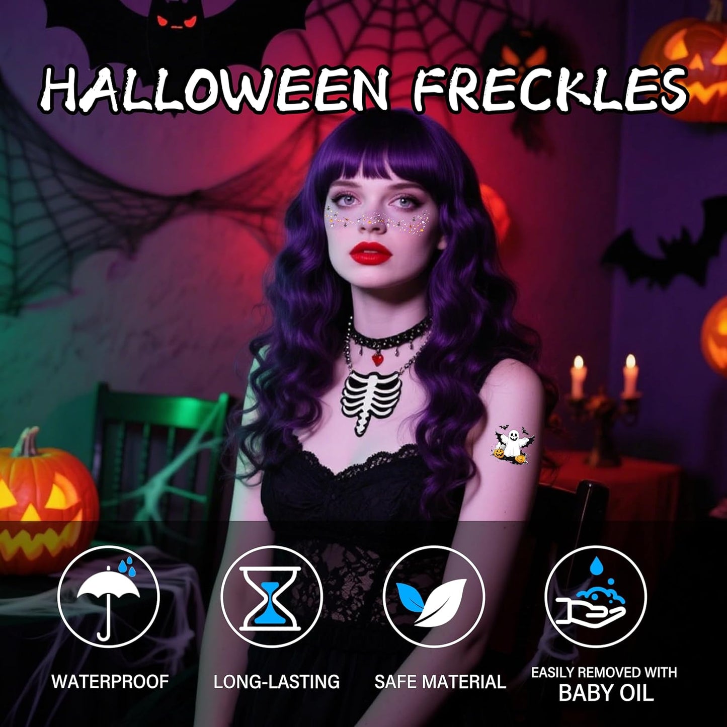 8 Pcs Halloween Face Gems Glitter Freckles Tattoos - Waterproof Face Jewels with Pumpkin Ghost Designs - Sparkling Face Makeup Stickers for Women, Kids, Party & Rave Supplies