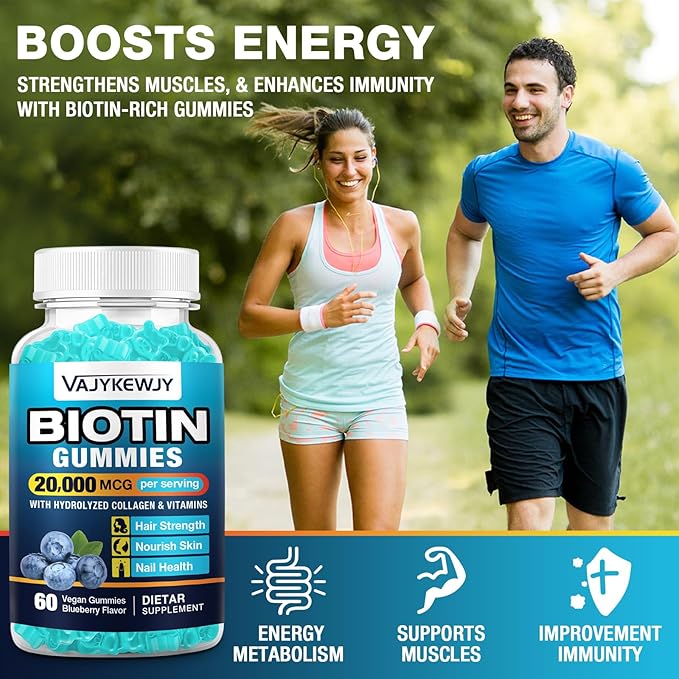 Vegan Biotin Gummies for Hair, Skin & Nails - 20,000 mcg per Serving, Suitable for Women & Men - 60 Gummies