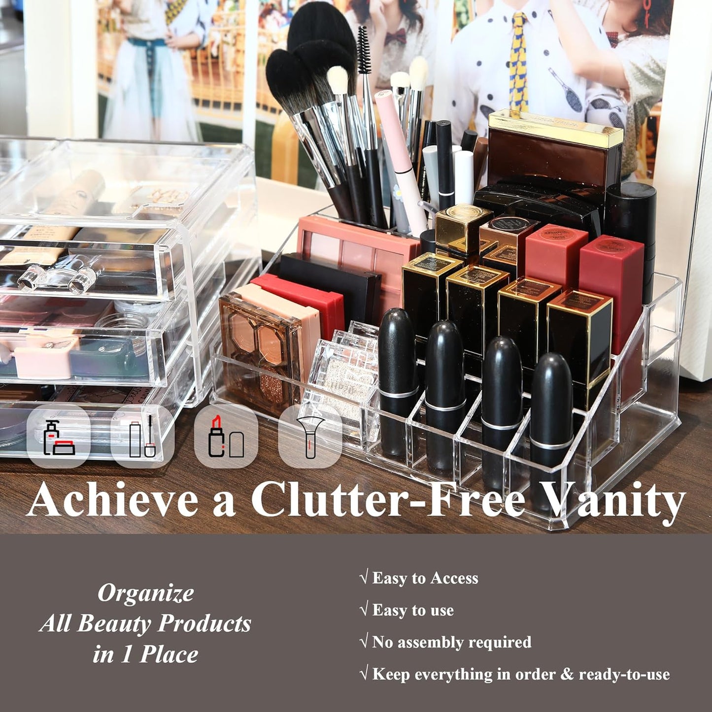 Sea Team 16-Slot Acrylic Plastic Lipstick Organizer, Clear Lipstick Holder, Makeup Storage Box, Cosmetic Display Case for Lippie, Lip Gloss, Eye Liner, Eyebrow Pencil, Nail Polish, Essence, Brush