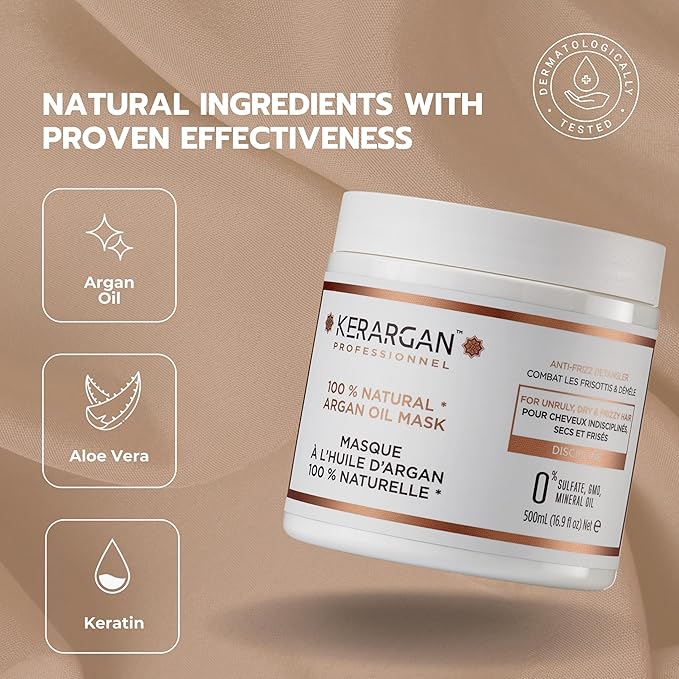 KERARGAN - Smoothing Mask with Argan Oil for Unruly, Dry, and Frizzy Hair - Nourishes, Fights Frizz, Detangling - Sulfate-Free, GMO-Free, Mineral Oil-Free - 16.9 Fl oz