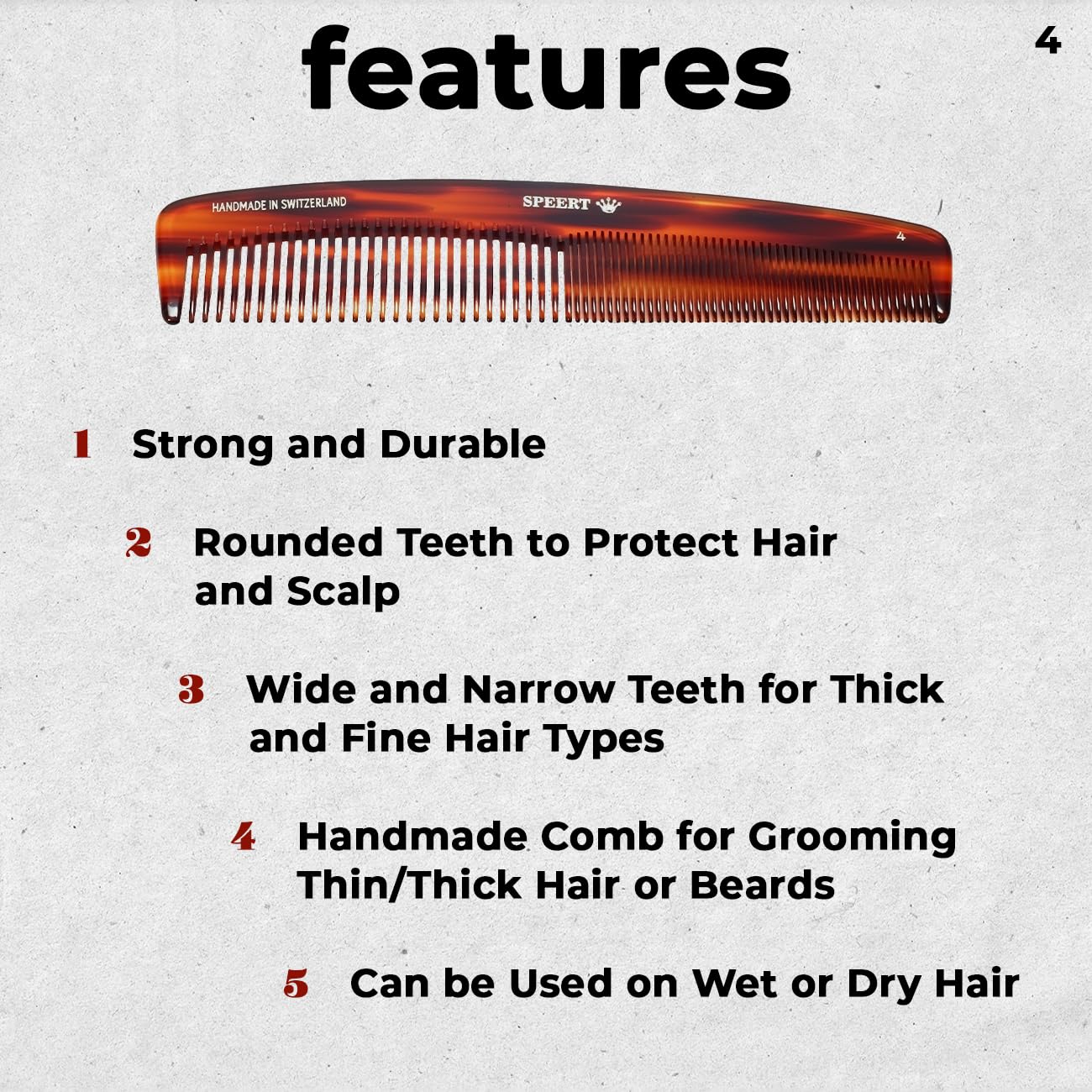 #4 Handmade Wide Narrow Tooth Comb Tortoise Havana Acetate Thick Coarse Curly Thin Fine Straight Hair Detangling Parting Grooming Teasing Styling Hairdresser Barber Hairdressing Wet Dry Pocket