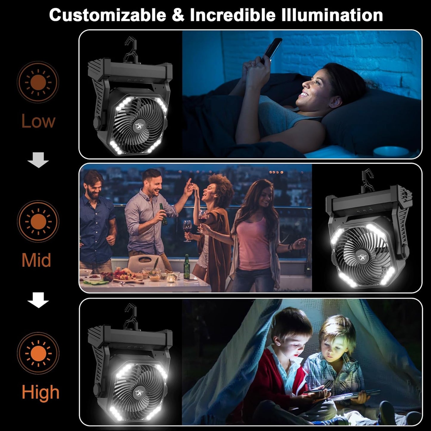 KITWLEMEN 20000mAh Battery Powered Camping Fan - 58H Max Cooling, Rechargeable Battery Operated Desk Fan with 4 Speeds, Bright Light & Hanging Hook, Portable for Tent Outdoor Hurricane Power Outage