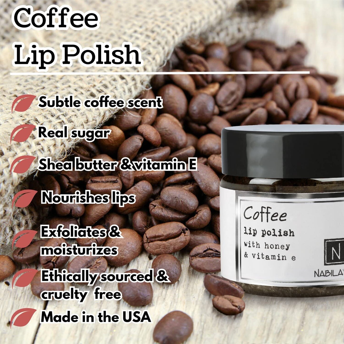 Coffee Lip Polish, 1 oz by Nabila K - Hydrating Lip Exfoliator & Moisturizer with Honey and Vitamin E for Dry and Chapped Lips - Cruelty-Free, Real Sugar, Made in USA