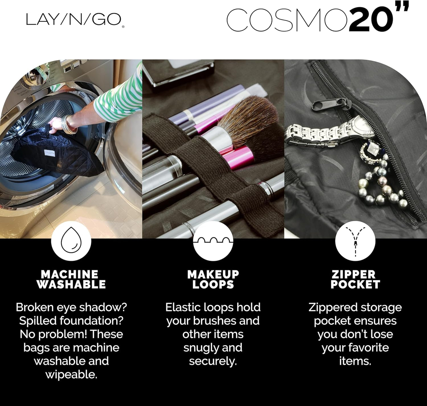 Lay-n-Go Cosmo Layflat Drawstring Cosmetic & Makeup Bag Organizer - Portable Drawstring Bag w/Zipper Pocket, Makeup Loops & More - Durable, Machine Washable Toiletry Bag for Travel (20", Black)