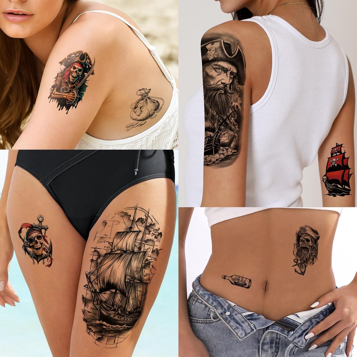 77 Sheets Temporary Tattoo, 17 Sheets Half Arm Pirate Captain Skull Compass Fake Tattoos for Women Men, 60 Sheets Pirate Anchor Sword Flag Realistic Tiny for Adult Kids Body Tattoos Stickers