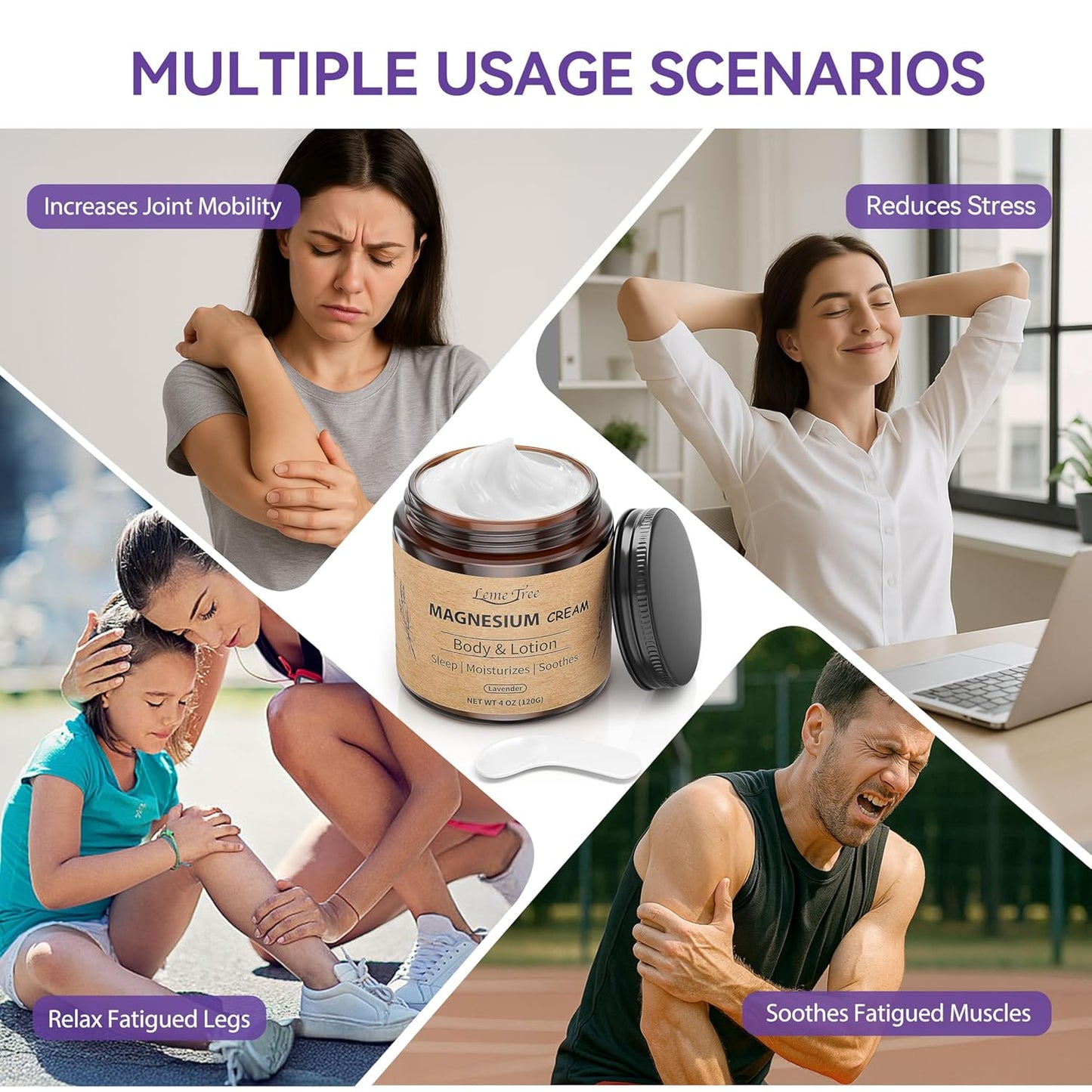 Magnesium Cream for Sleep, Topical Nighttime Magnesium Lotion for Leg, Cramps & Pain, Muscle Soothing, Magnesium Body Butter with Jojoba Oil, Shea Butter & Vitamin E, Safe for Kids (Lavender)