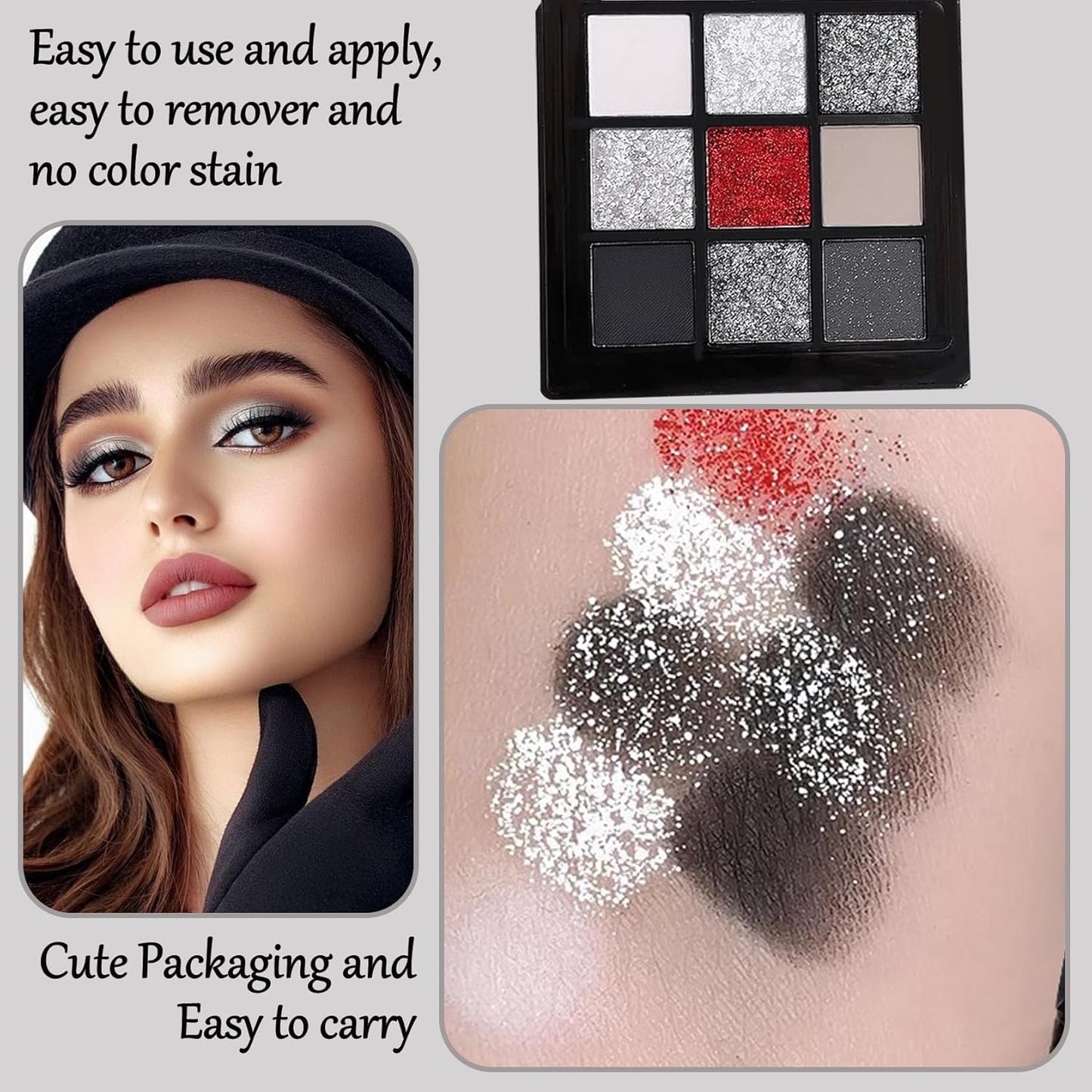 Black Grey Smoky Eyeshadow Palette,15 Colors Matte Shimmer Pigmented Eye Shadow Makeup Palette Set with 3 Eyeshadow Brushes,Glitter Eyeshadow Makeup Palette for Daily Halloween Goth Makeup(C)